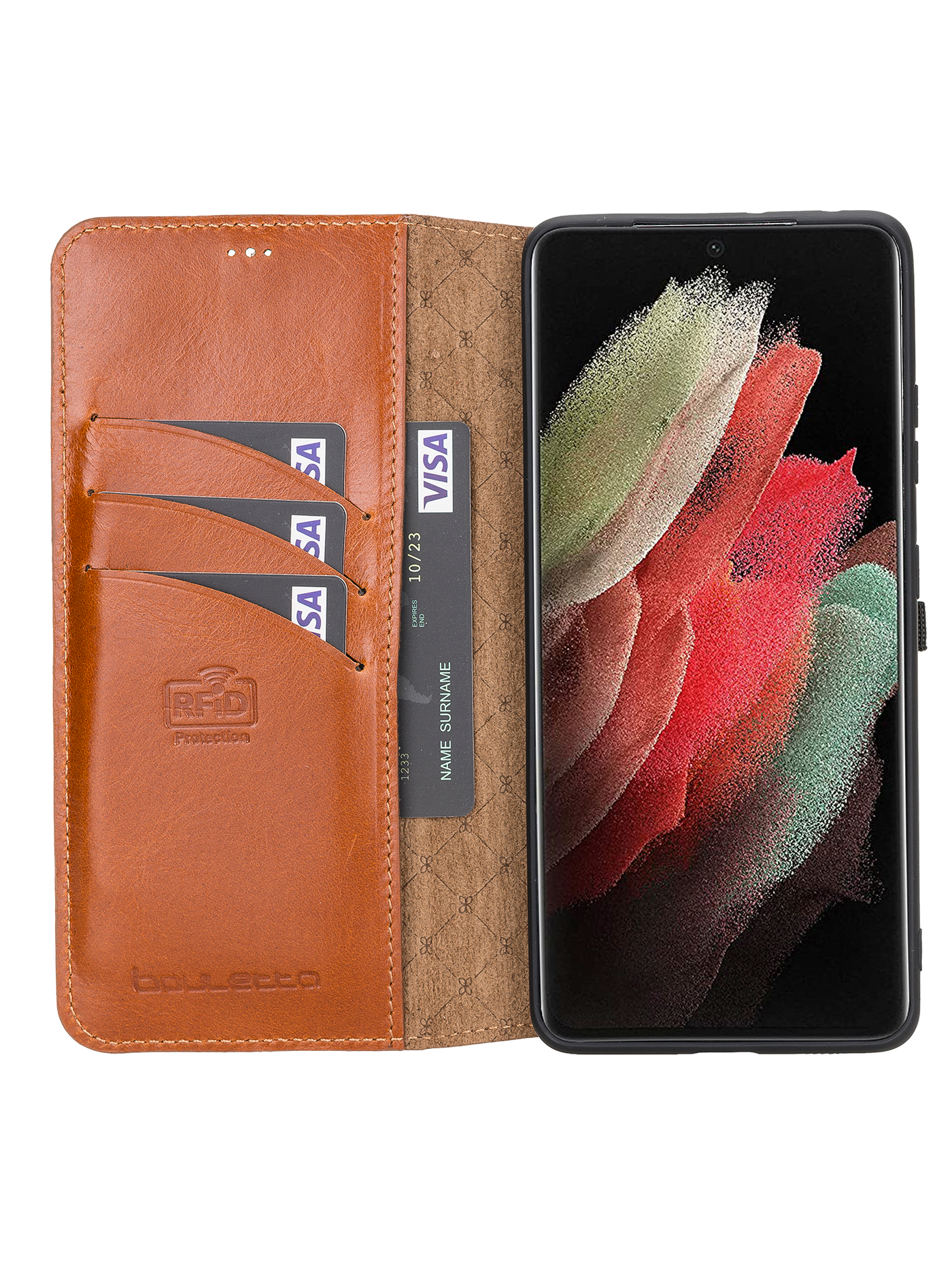 Plånboksfodral i äkta läder för Samsung Galaxy S21 från Bouletta - Konjak Brun #color_konjak-brun