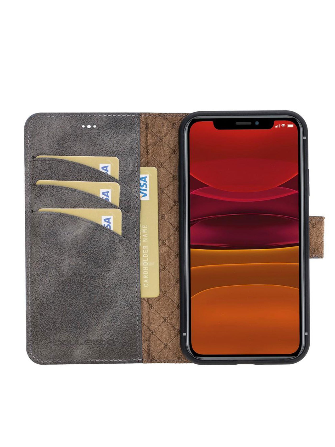 Plånboksfodral med avtagbart magnetskal i äkta läder för Apple iPhone 11 från Bouletta Alpina- Granit#color_granit