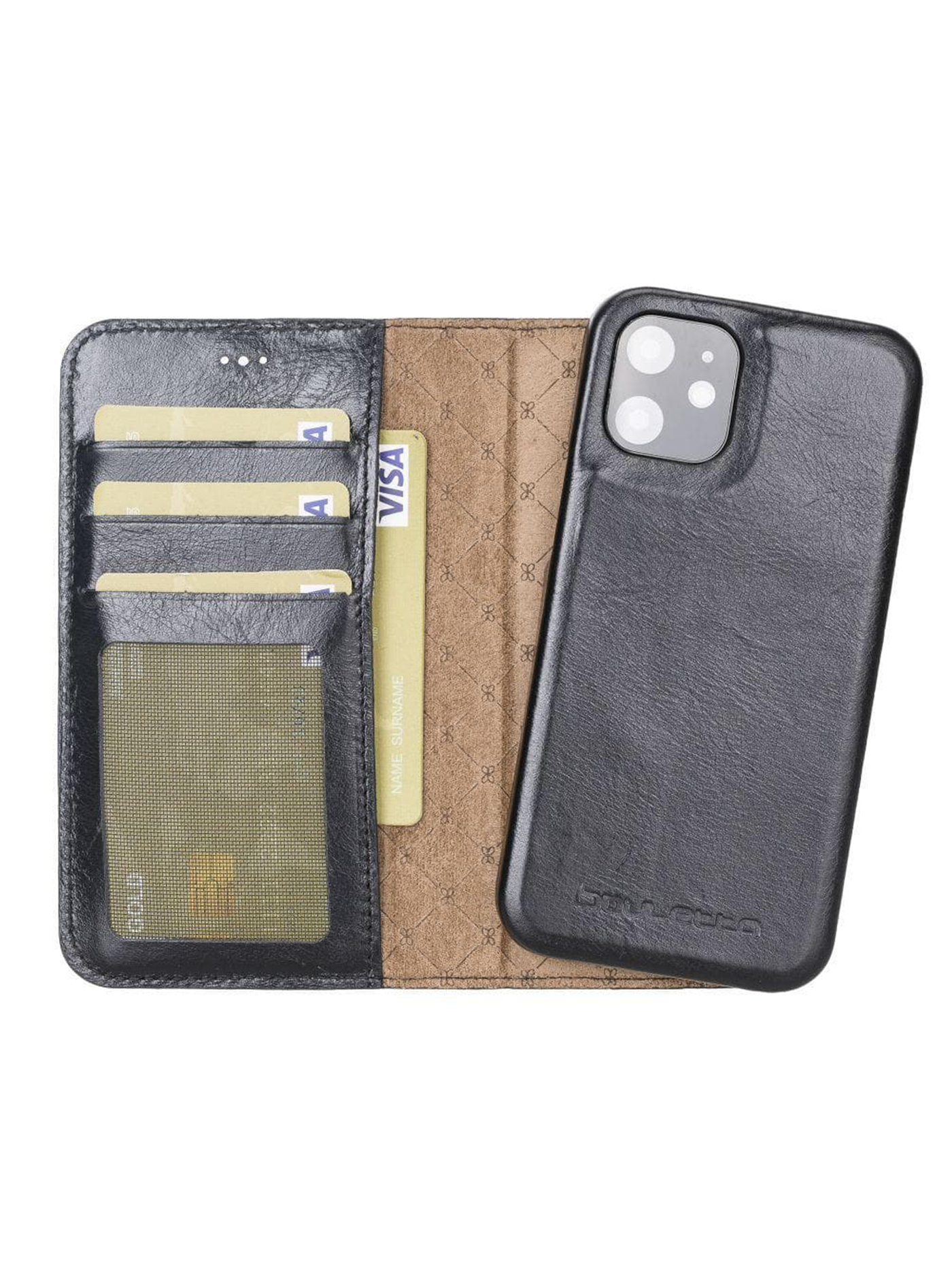 Plånboksfodral med avtagbart magnetskal i äkta läder för Apple iPhone 12 MINI från Bouletta Jersey- Svart #color_svart