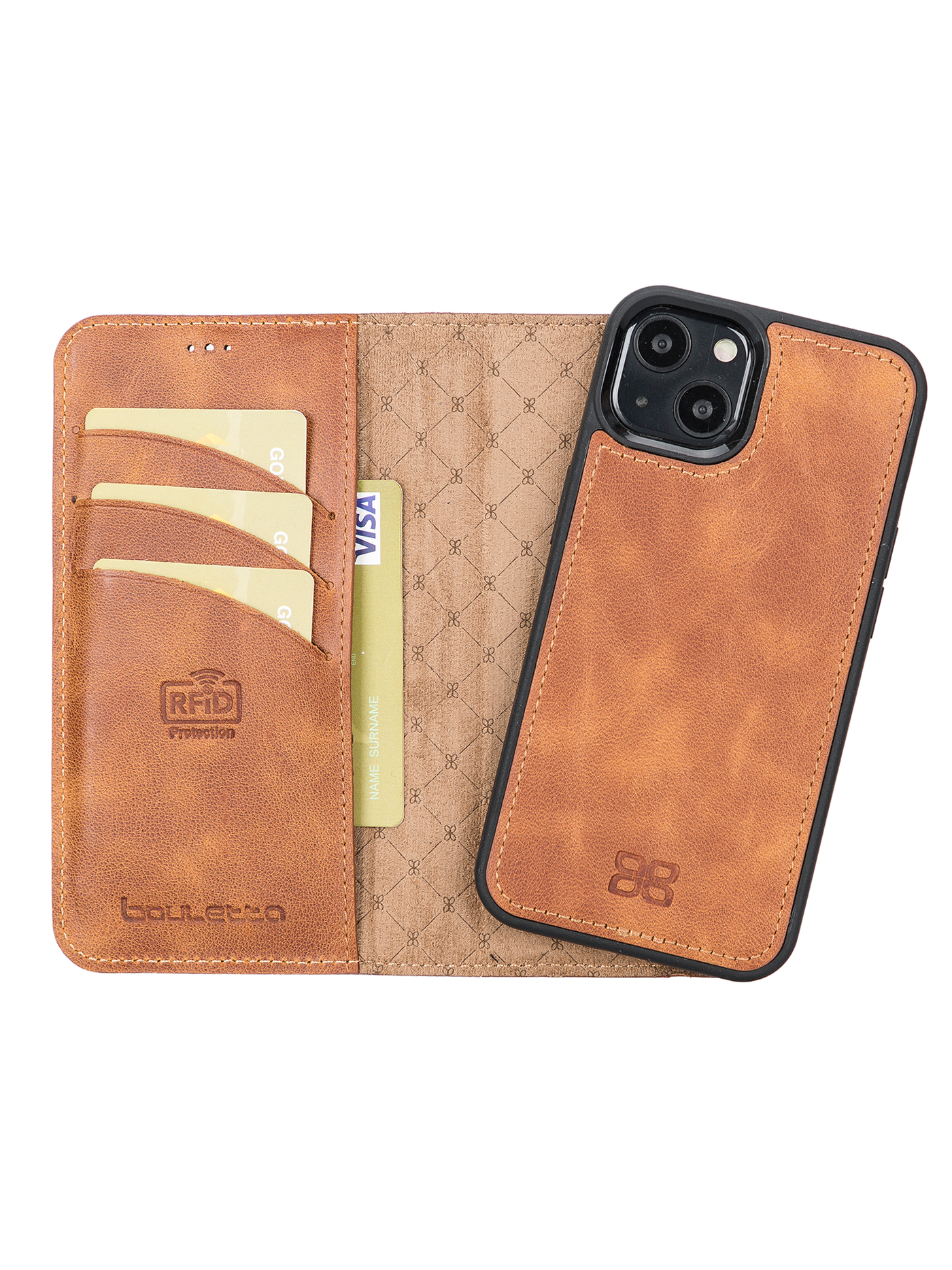 Plånboksfodral med avtagbart magnetskal i äkta läder för Apple iPhone 13 Bouletta Alpina- Guld-brun #color_guld-brun
