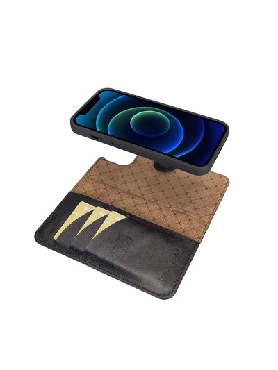 Plånboksfodral med avtagbart magnetskal i äkta läder för Apple iPhone 13 från Bouletta Alpina- Svart #color_svart