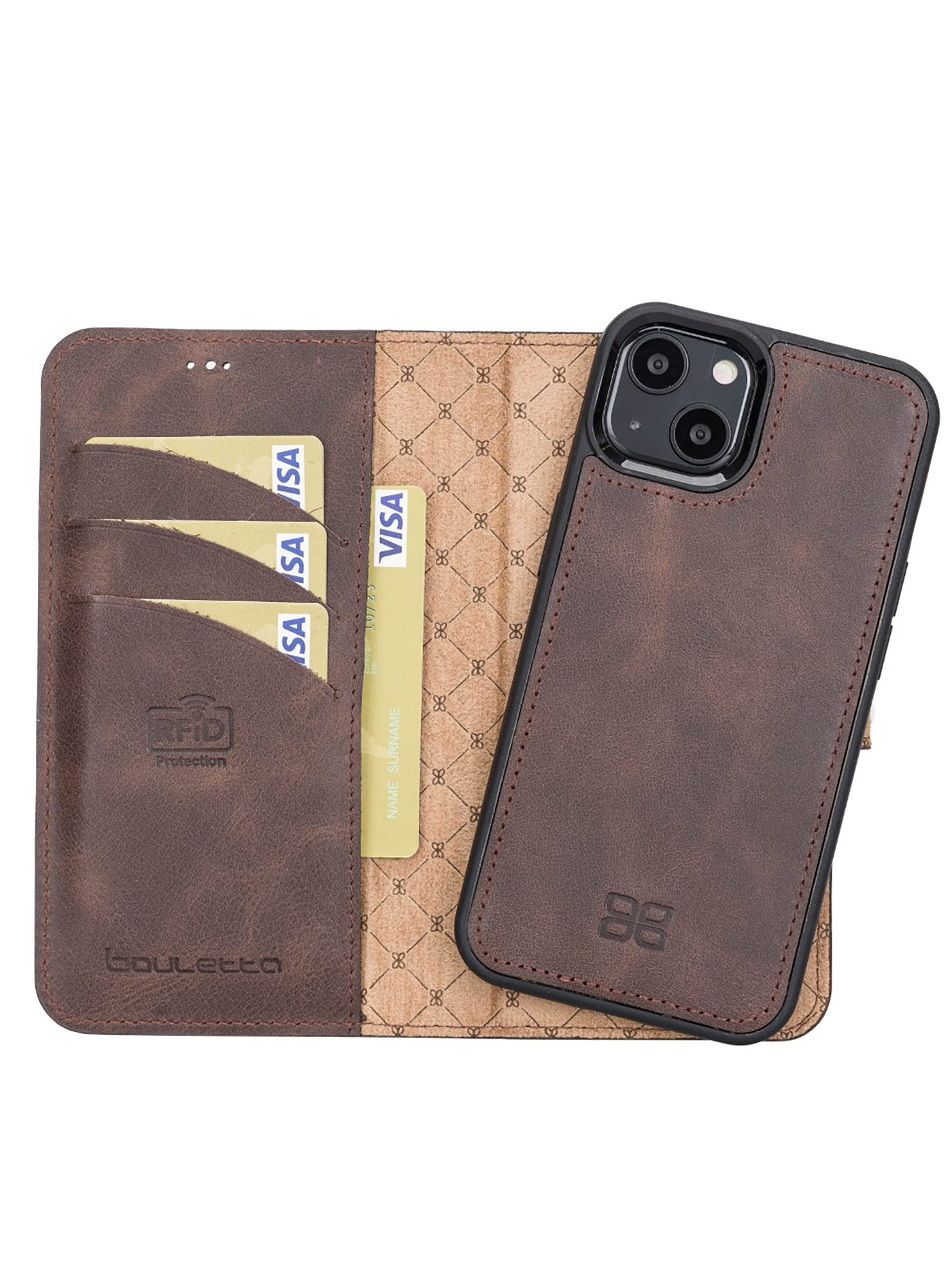 Plånboksfodral med avtagbart magnetskal i äkta läder för Apple iPhone 13 Bouletta Alpina- Vintage-brun #color_vintage-brun