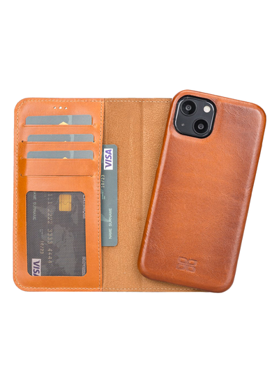 Plånboksfodral med avtagbart magnetskal i äkta läder för Apple iPhone 13 från Bouletta Jersey- Konjak Brun #color_konjak-brun