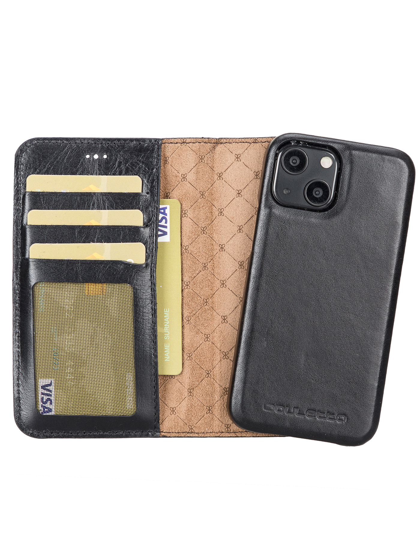 Plånboksfodral med avtagbart magnetskal i äkta läder för Apple iPhone 13 MINI från Bouletta Jersey- Svart #color_svart