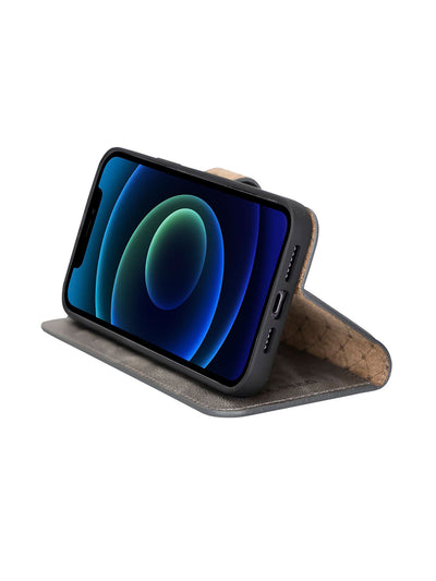 Plånboksfodral med avtagbart magnetskal i äkta läder för Apple iPhone 13 Pro Bouletta Alpina- Granit #color_granit