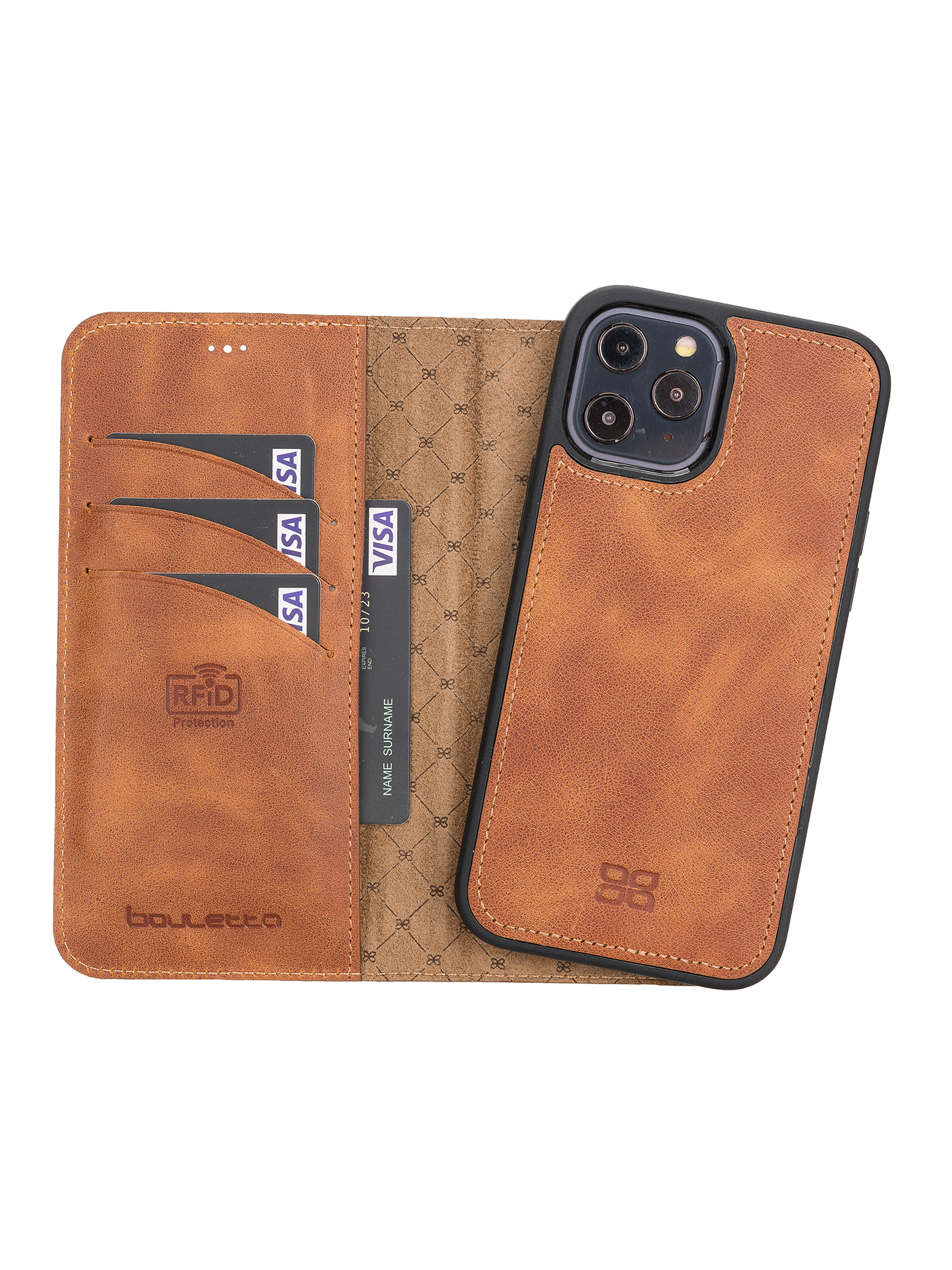 Plånboksfodral med avtagbart magnetskal i äkta läder för Apple iPhone 13 Pro Bouletta Alpina- Guld-brun #color_guld-brun