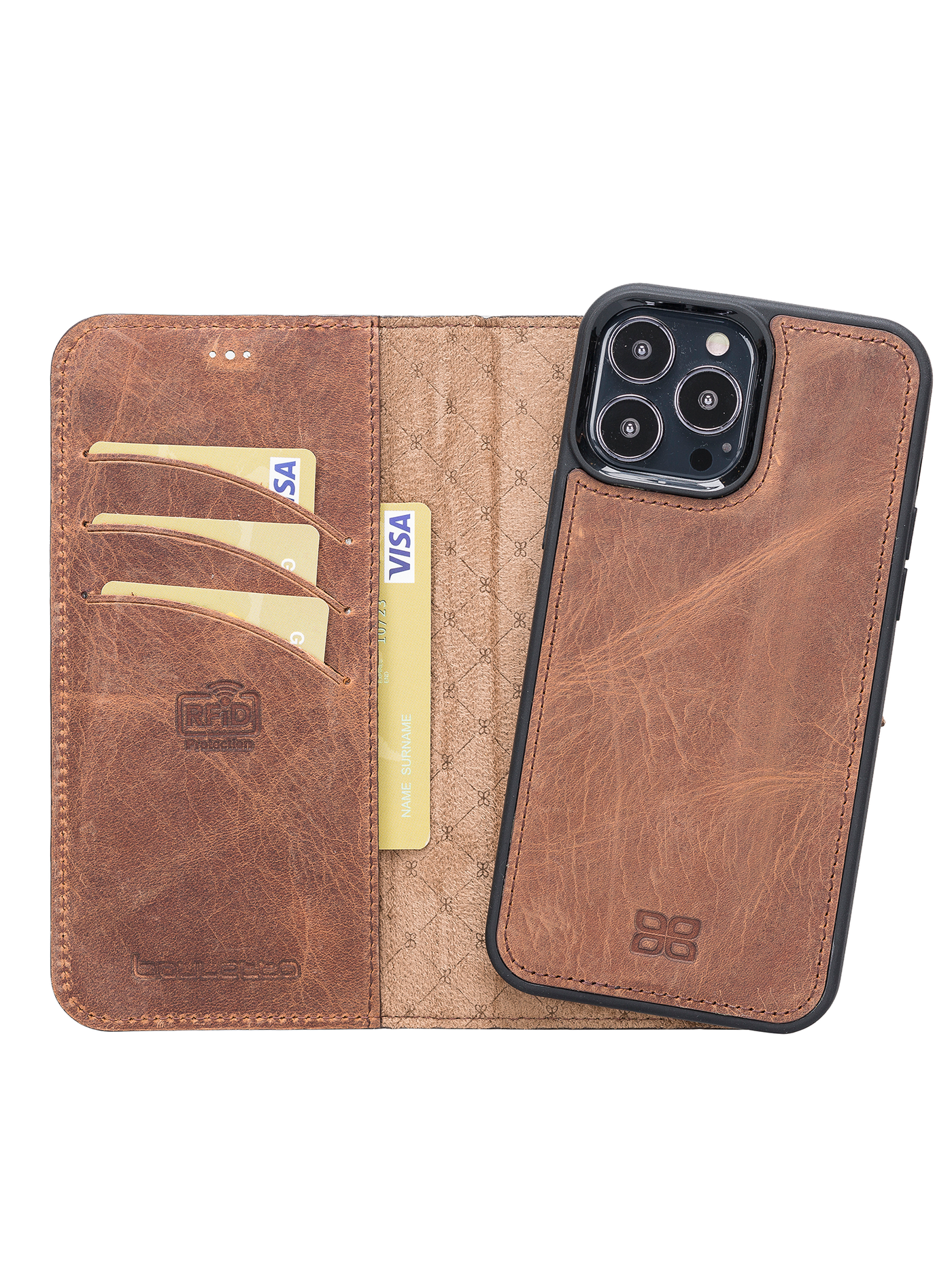 Plånboksfodral med avtagbart magnetskal i äkta läder för Apple iPhone 13 Pro Max Bouletta Alpina- Antik-brun #color_antik-brun