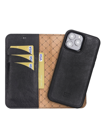 Plånboksfodral med avtagbart magnetskal i äkta läder för Apple iPhone 13 Pro Max från Bouletta Alpina- Svart #color_svart
