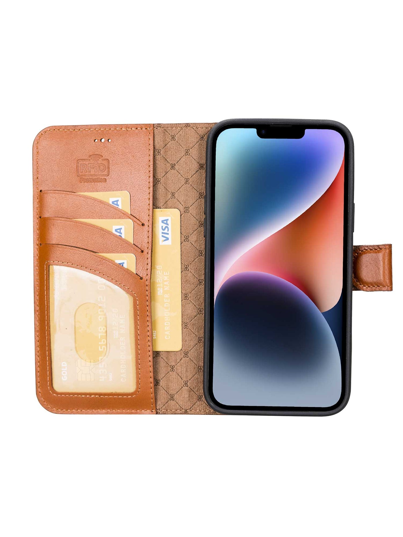 Plånboksfodral med avtagbart magnetskal i äkta läder för Apple iPhone 14 Plus från Bouletta Holstein- Konjak Brun #color_konjak-brun