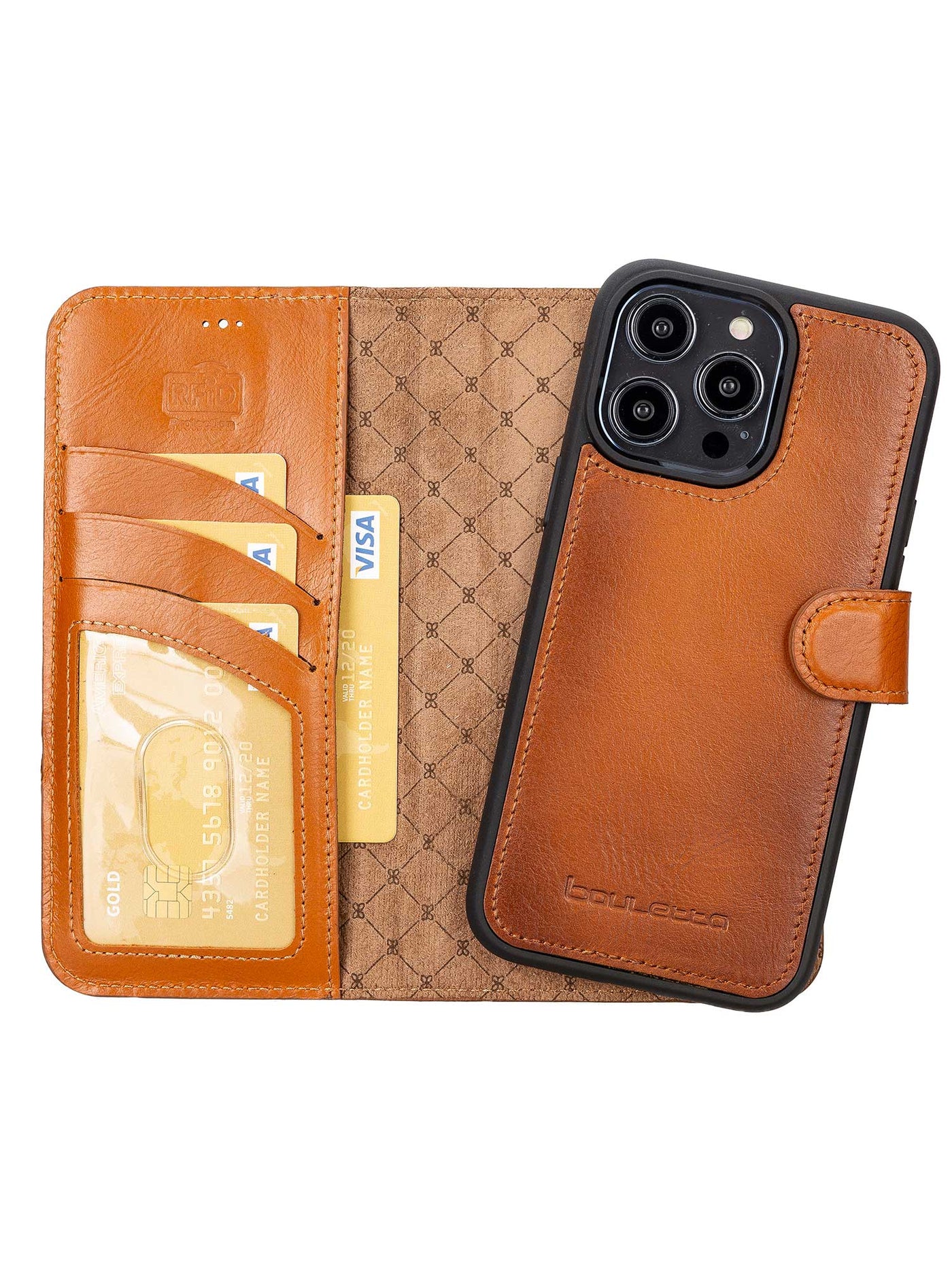 Plånboksfodral med avtagbart magnetskal i äkta läder för Apple iPhone 14 Pro Max från Bouletta Holstein- Konjak Brun #color_konjak-brun
