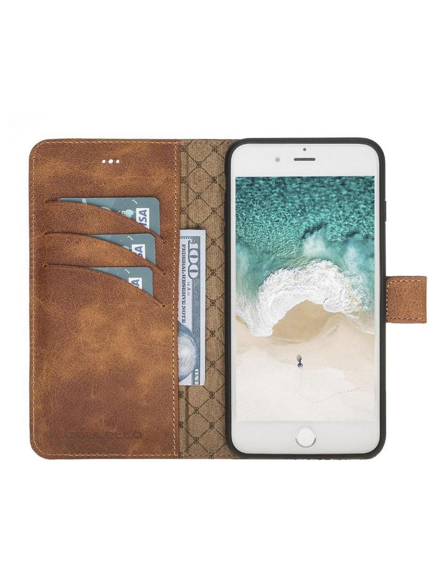 Plånboksfodral med avtagbart magnetskal i äkta läder för Apple iPhone 7/8/PLUS från Bouletta Alpina- Guld Brun #color_guld-brun