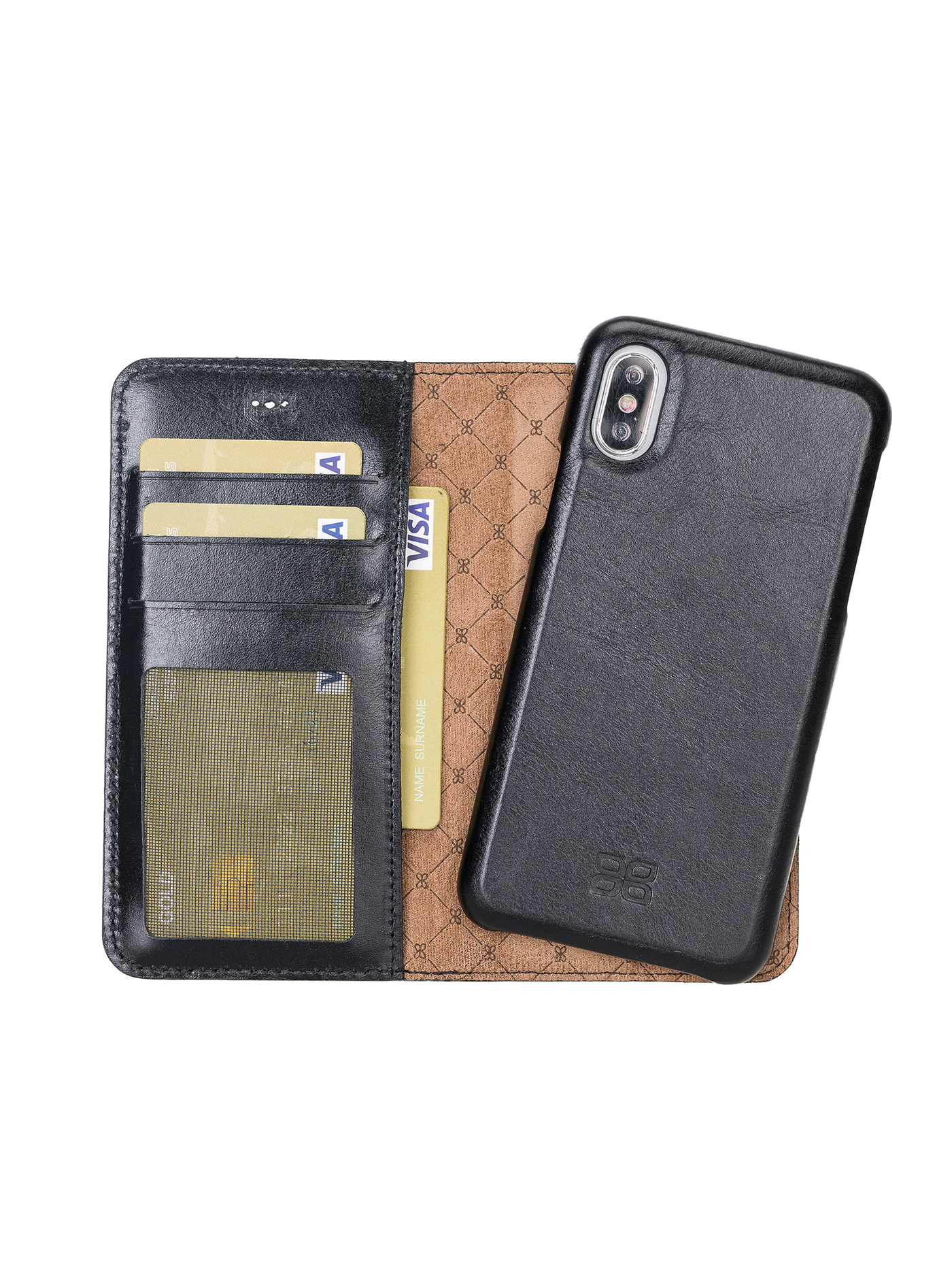 Plånboksfodral med avtagbart magnetskal i äkta läder för Apple iPhone X XS 10 från Bouletta Jersey- Svart #color_svart