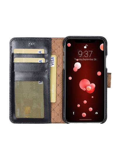 Plånboksfodral med avtagbart magnetskal i äkta läder för Apple iPhone X XS 10 från Bouletta Jersey- Svart #color_svart