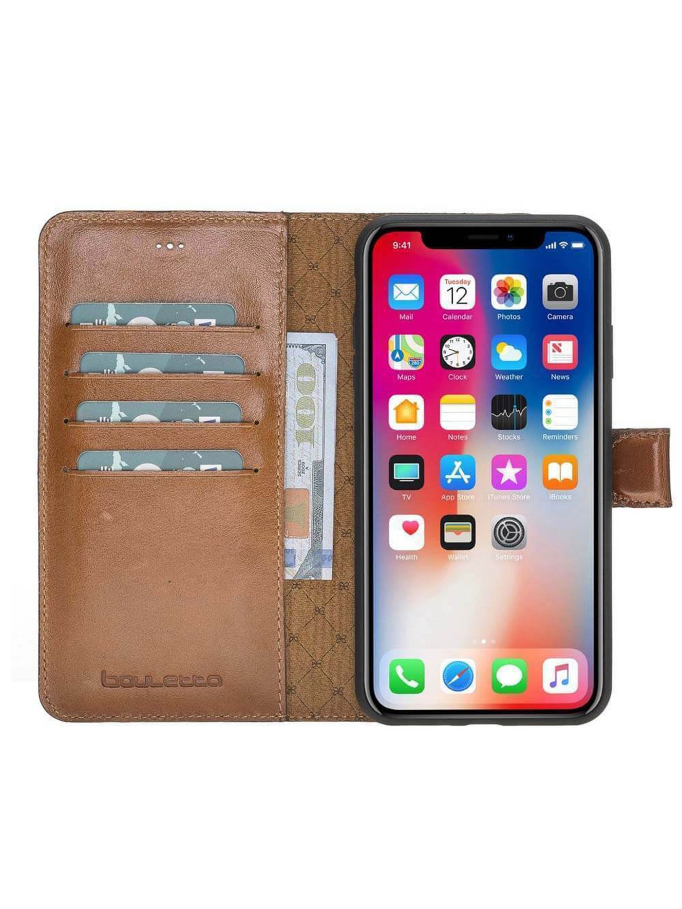 Plånboksfodral med avtagbart magnetskal i äkta läder för Apple iPhone X/XS/10 från Bouletta Alpina- Konjak Brun #color_konjak-brun