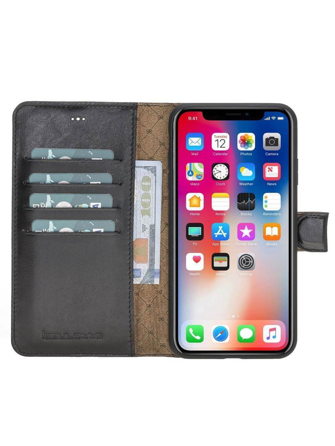 Plånboksfodral med avtagbart magnetskal i äkta läder för Apple iPhone X/XS/10 från Bouletta Alpina- Svart #color_svart