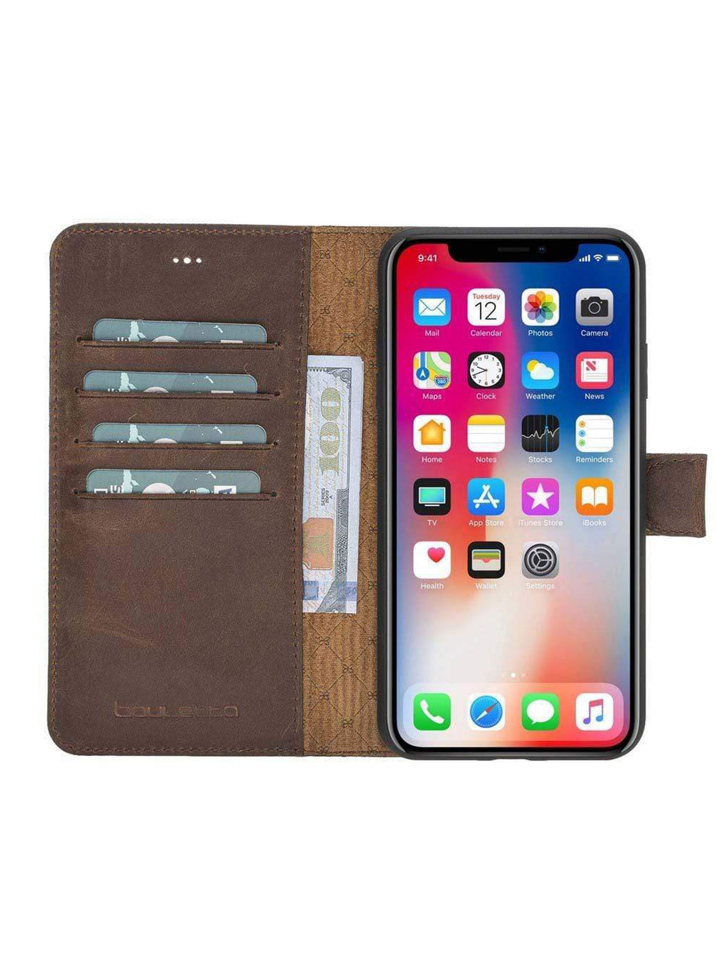Plånboksfodral med avtagbart magnetskal i äkta läder för Apple iPhone XS MAX från Bouletta Alpina- Antik Brun #color_antik-brun