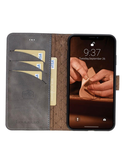 Plånboksfodral med avtagbart magnetskal i äkta läder för Apple iPhone XS MAX från Bouletta Alpina- Granit #color_granit