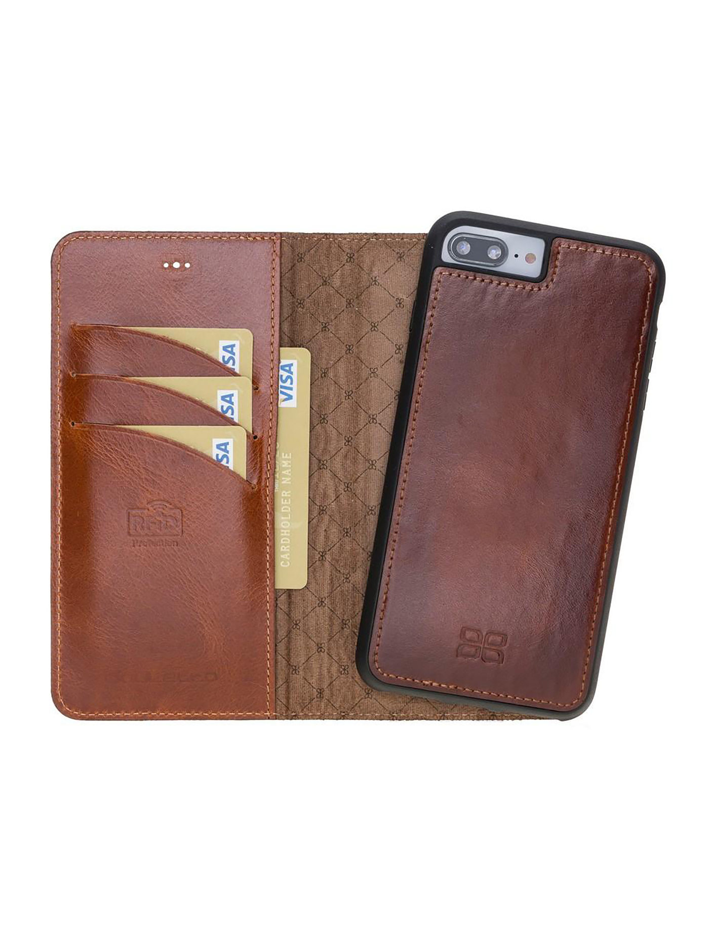 Plånboksfodral med avtagbart magnetskal i äkta läder för Apple iPhone 7/8/PLUS från Bouletta Alpina- Konjak Brun #color_konjak-brun