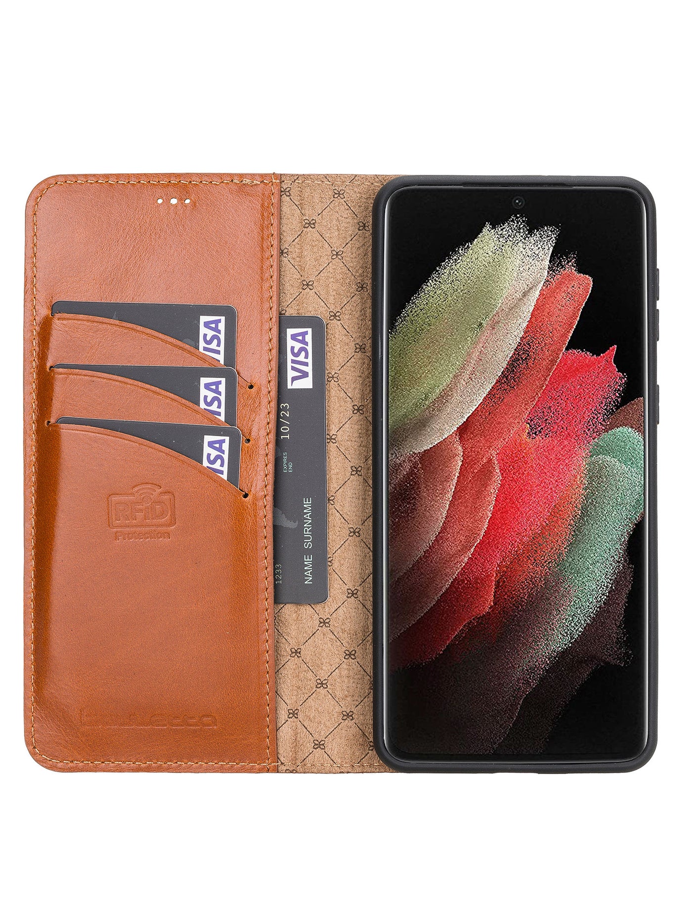 Plånboksfodral med avtagbart magnetskal i äkta läder för Samsung Galaxy S21 Plus från Bouletta Alpina- Konjak-brun#color_konjak-brun
