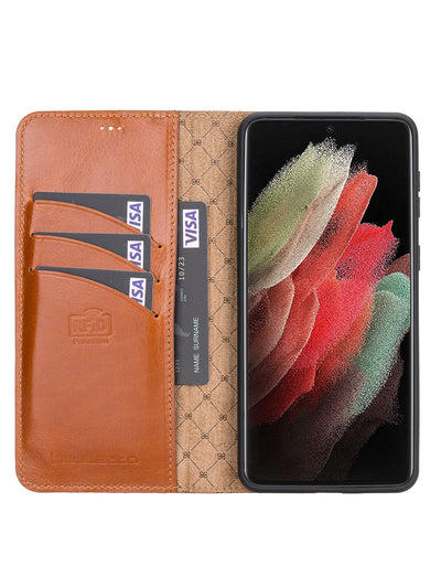 Plånboksfodral med avtagbart magnetskal i äkta läder för Samsung Galaxy S21 Plus från Bouletta Alpina- Konjak-brun#color_konjak-brun
