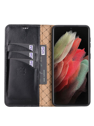 Plånboksfodral med avtagbart magnetskal i äkta läder för Samsung Galaxy S21 Plus från Bouletta Alpina- Svart #color_svart