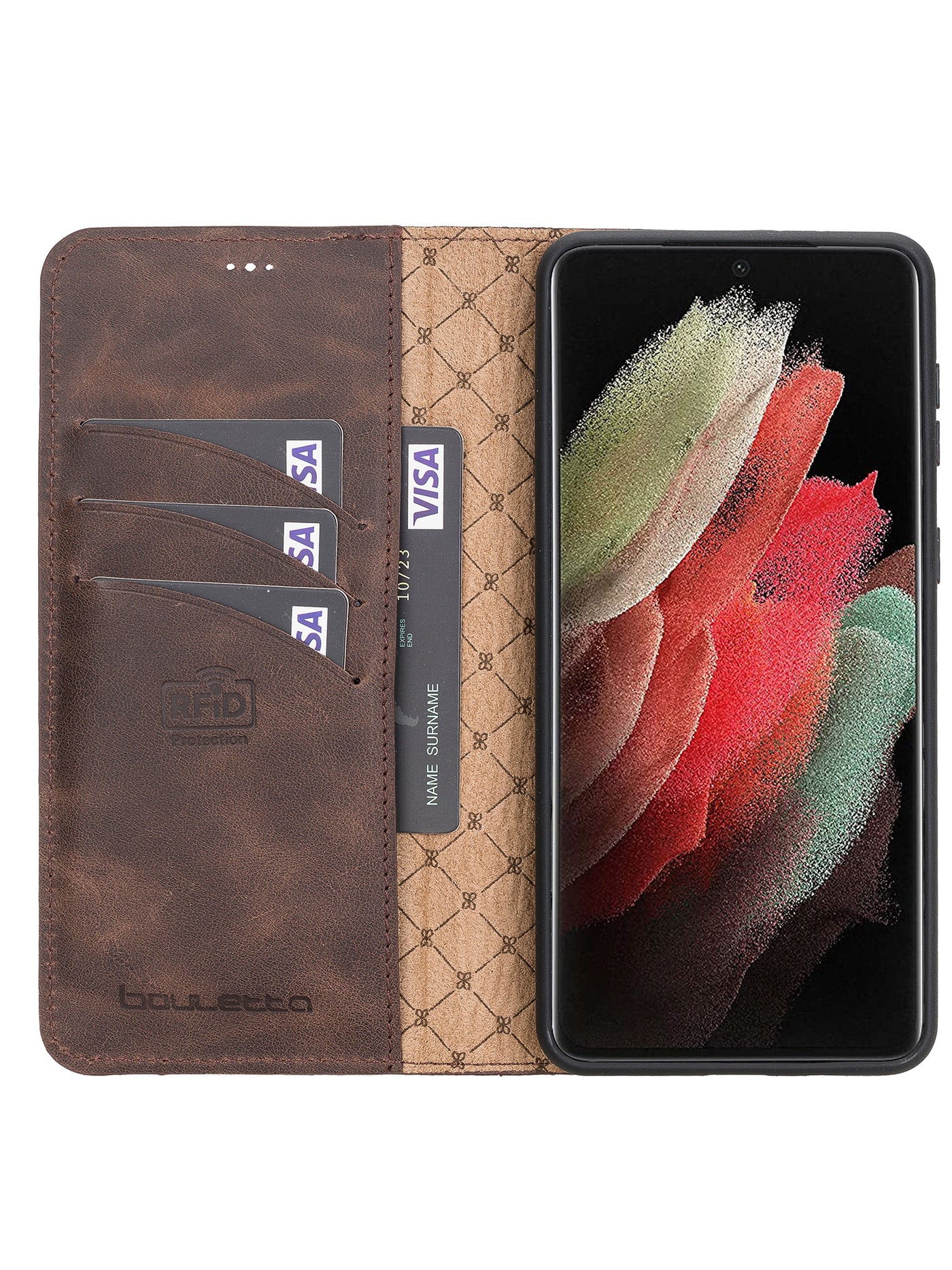Plånboksfodral med avtagbart magnetskal i äkta läder för Samsung Galaxy S21 Plus från Bouletta Alpina- Vintage-brun#color_vintage-brun