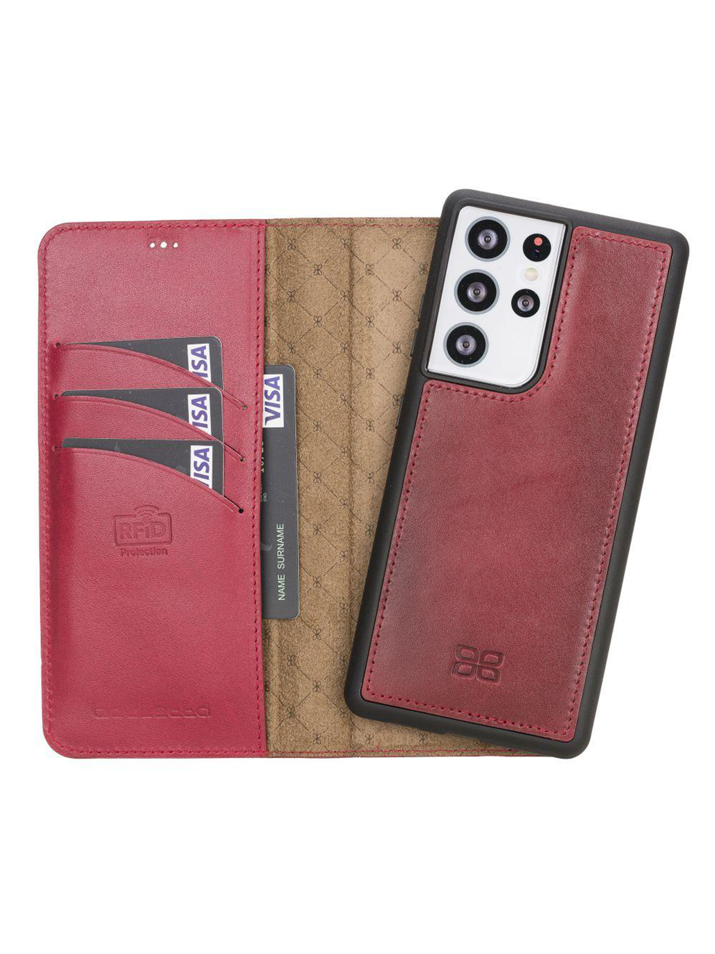 Plånboksfodral med avtagbart magnetskal i äkta läder för Samsung Galaxy S21 ultra från Bouletta Alpina- Karmosin #color_karmosin