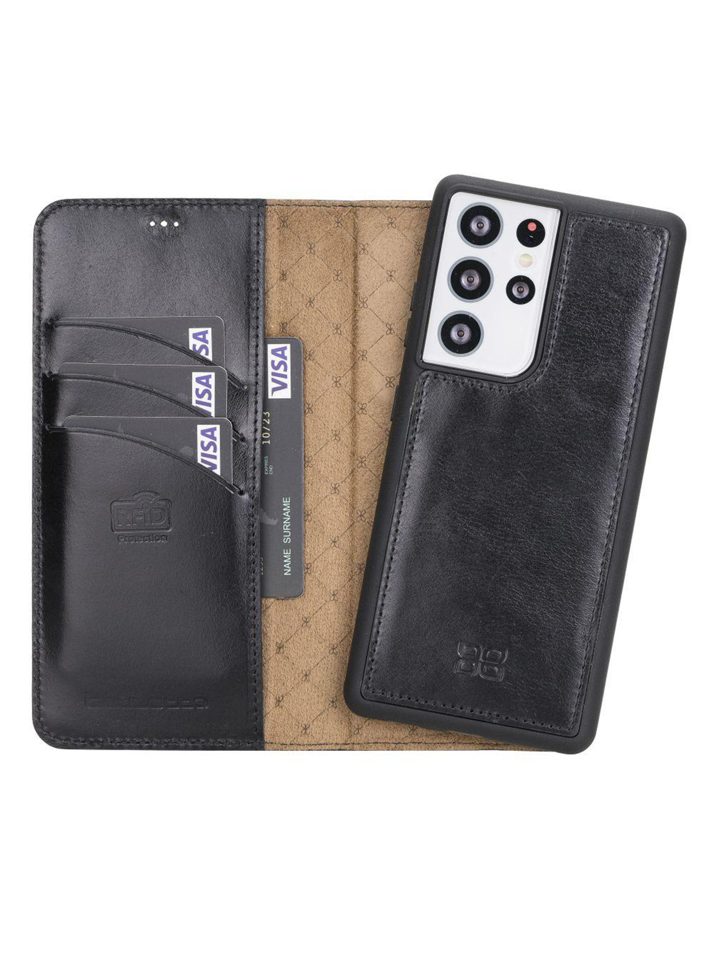 Plånboksfodral med avtagbart magnetskal i äkta läder för Samsung Galaxy S21 ultra från Bouletta Alpina- Svart #color_svart