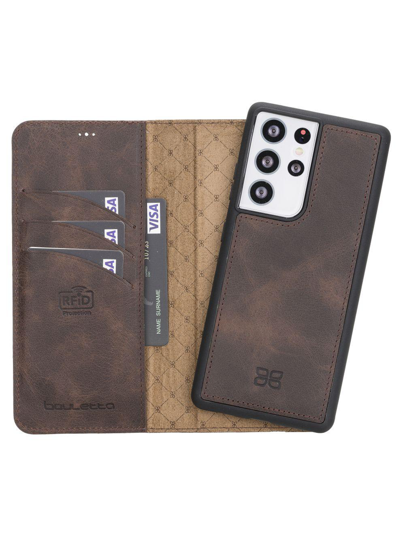Plånboksfodral med avtagbart magnetskal i äkta läder för Samsung Galaxy S21 ultra från Bouletta Alpina- Vintage Brun #color_vintage-brun