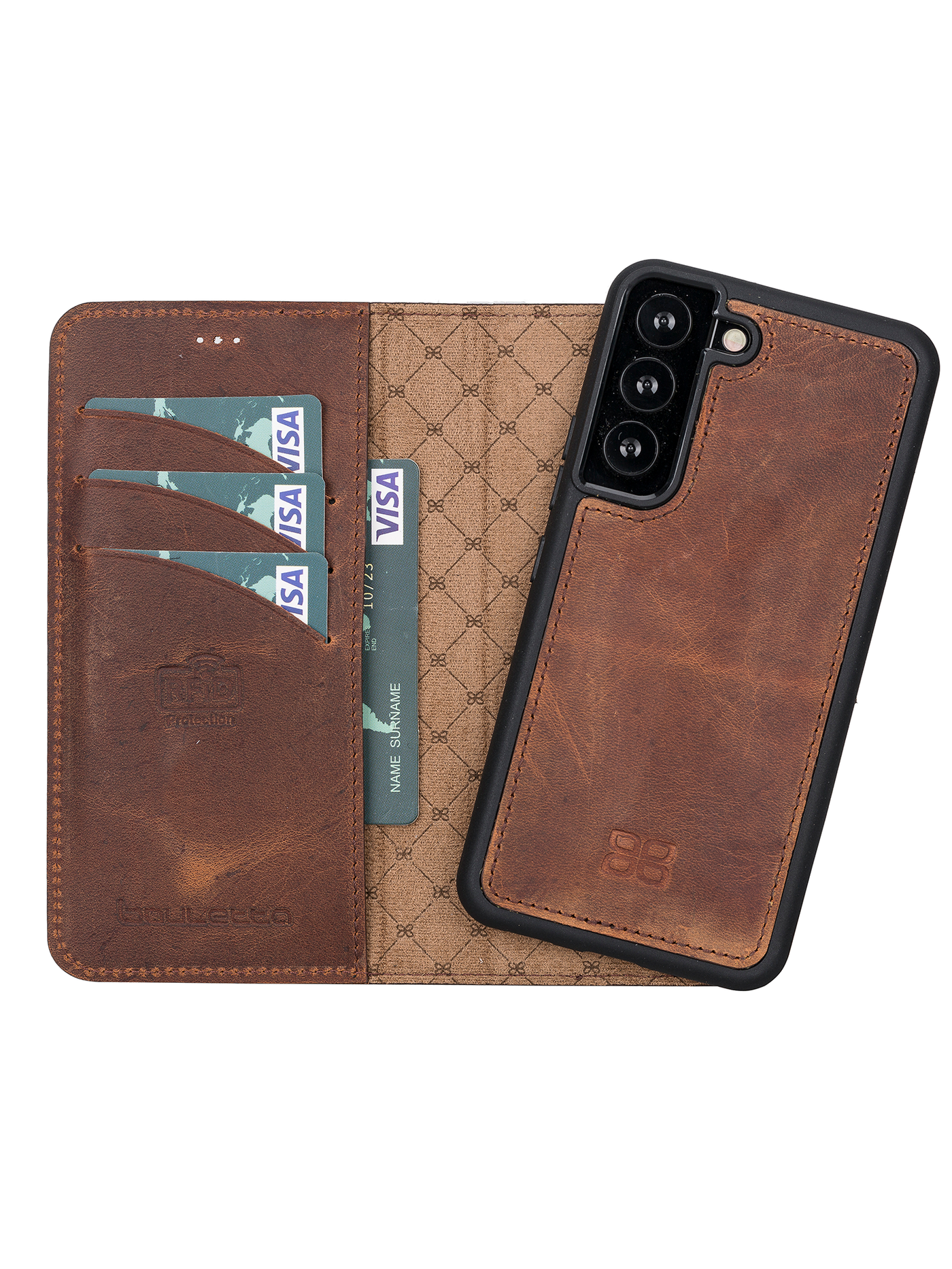 Plånboksfodral med avtagbart magnetskal i äkta läder för Samsung Galaxy S22 från Bouletta Alpina- Antik-brun #color_antik-brun