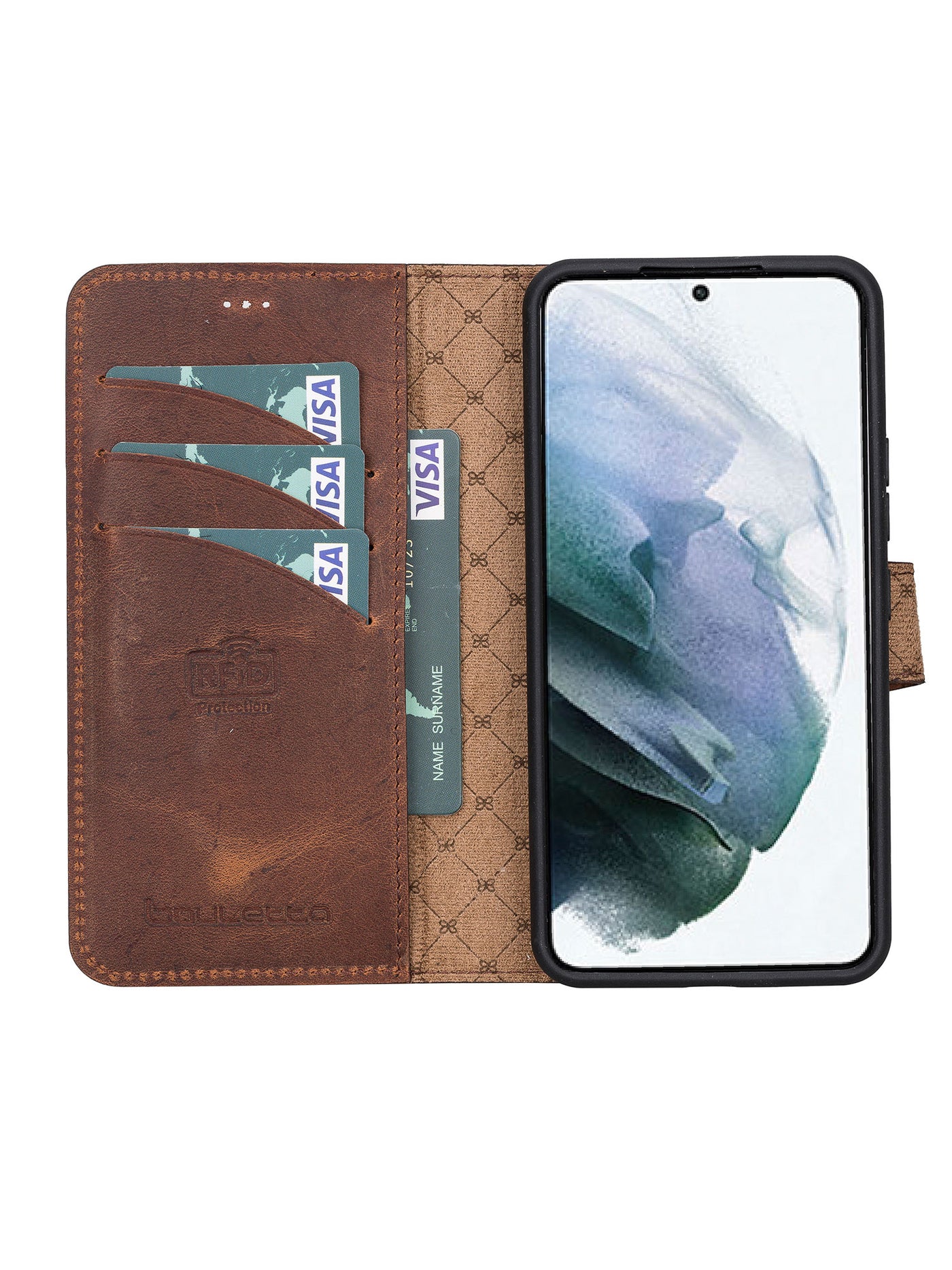 Plånboksfodral med avtagbart magnetskal i äkta läder för Samsung Galaxy S22 från Bouletta Alpina- Antik-brun #color_antik-brun