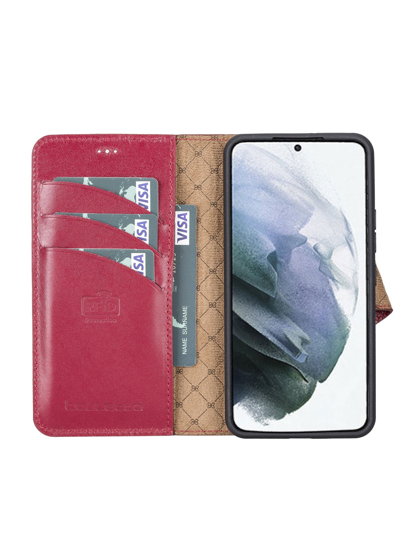 Plånboksfodral med avtagbart magnetskal i äkta läder för Samsung Galaxy S22 från Bouletta Alpina- Karmosin #color_karmosin