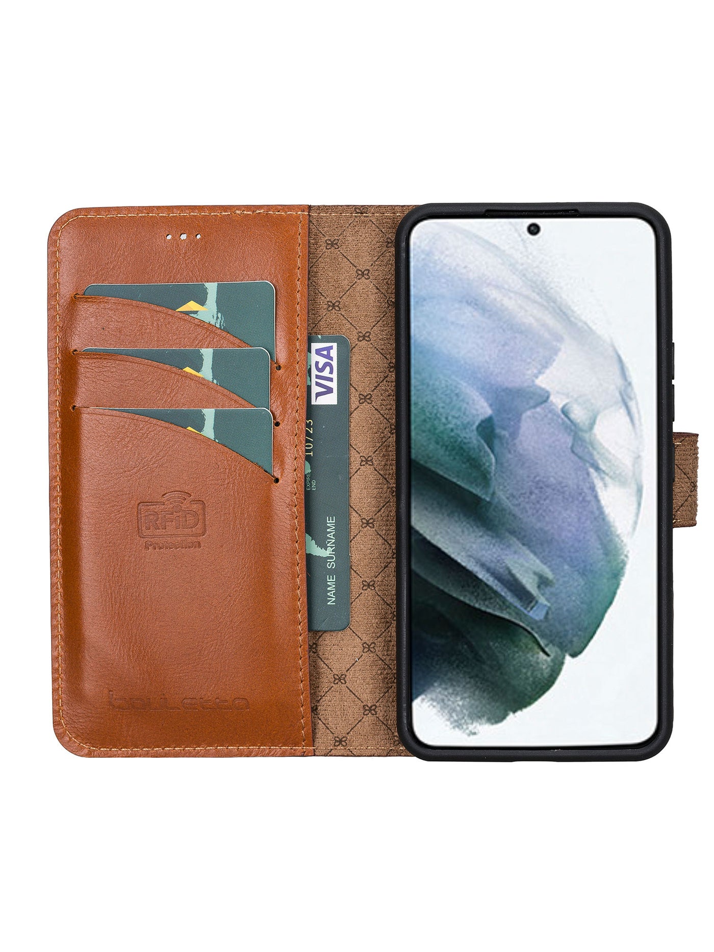 Plånboksfodral med avtagbart magnetskal i äkta läder för Samsung Galaxy S22 från Bouletta Alpina- Konjak-brun #color_konjak-brun