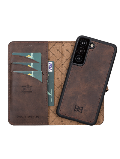 Plånboksfodral med avtagbart magnetskal i äkta läder för Samsung Galaxy S22 från Bouletta Alpina- Vintage-brun #color_vintage-brun