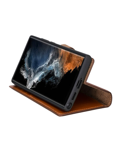 Plånboksfodral med avtagbart magnetskal i äkta läder för Samsung Galaxy S22 Ultra från Bouletta Alpina- Konjak-brun #color_konjak-brun