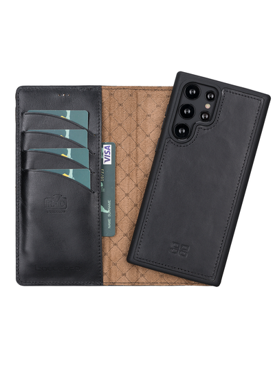 Plånboksfodral med avtagbart magnetskal i äkta läder för Samsung Galaxy S22 Ultra från Bouletta Alpina- Svart #color_svart