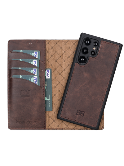 Plånboksfodral med avtagbart magnetskal i äkta läder för Samsung Galaxy S22 Ultra från Bouletta Alpina- Vintage-brun #color_vintage-brun